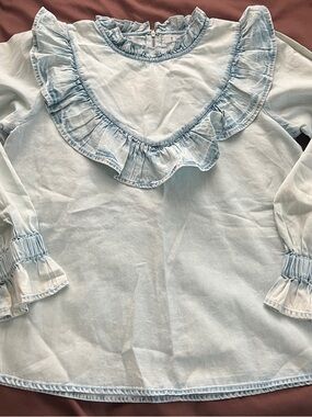 THML Light Blue Ruffle Neck Blouse